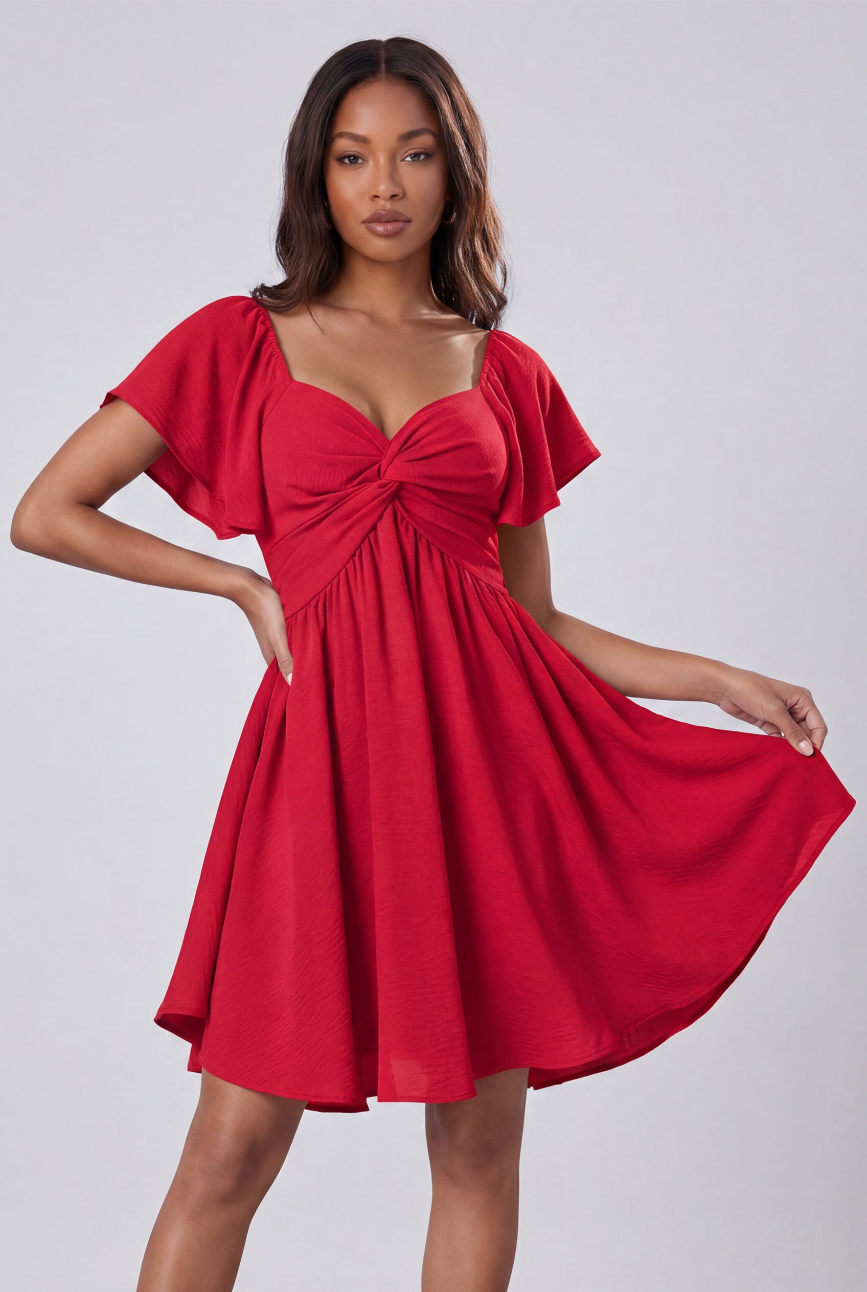 Chicovar Women's Sweetheart Knot Front Dress Flutter Sleeve Tie Back