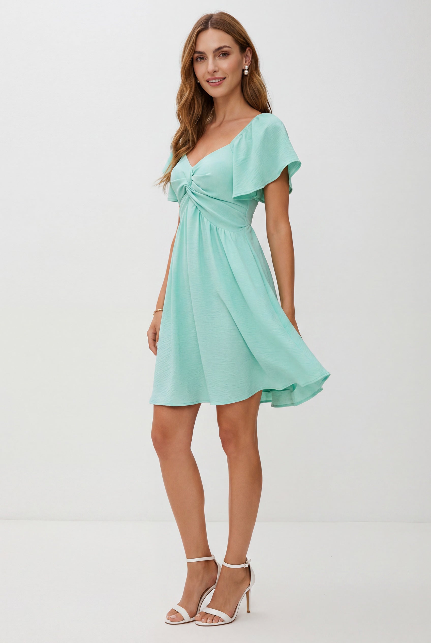 Chicovar Women's Sweetheart Knot Front Dress Flutter Sleeve Tie Back