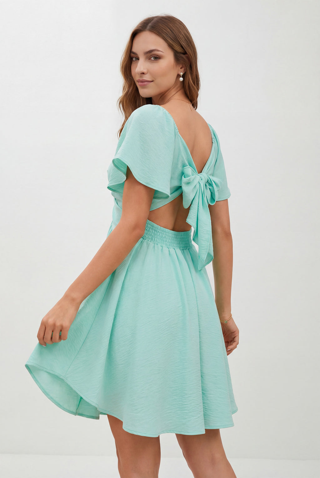 Chicovar Women's Sweetheart Knot Front Dress Flutter Sleeve Tie Back