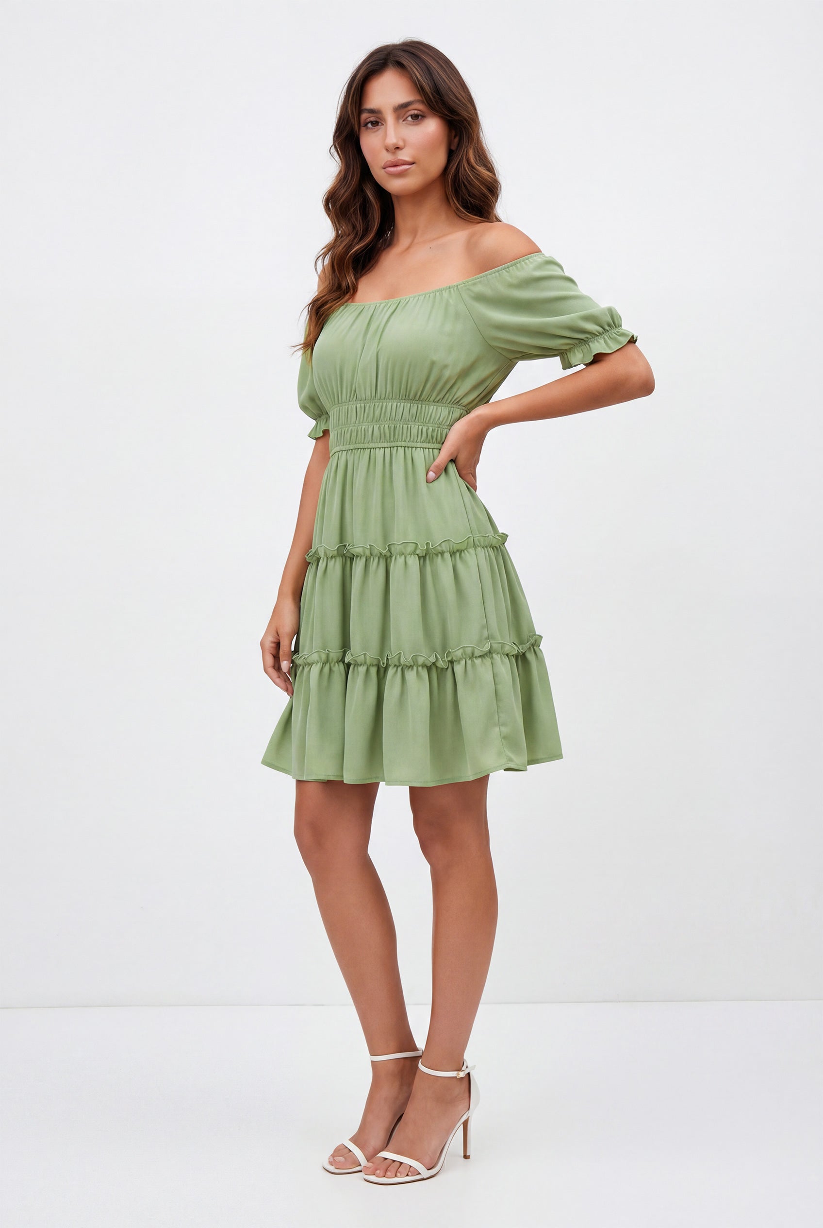 Chicovar Women's Summer Dress Square Neck Off Shoulder Puff Sleeve