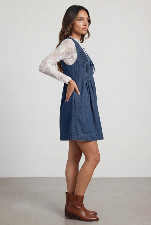 Chicovar Women's Denim Mini Dress  Casual Loose Fit Jean Dress Tie Front