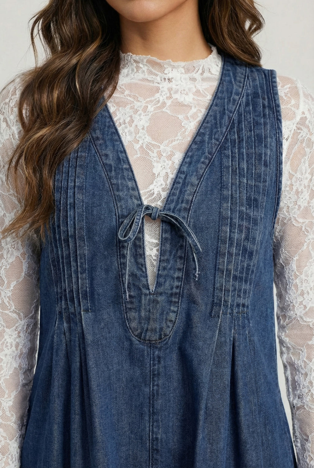Chicovar Women's Denim Mini Dress  Casual Loose Fit Jean Dress Tie Front