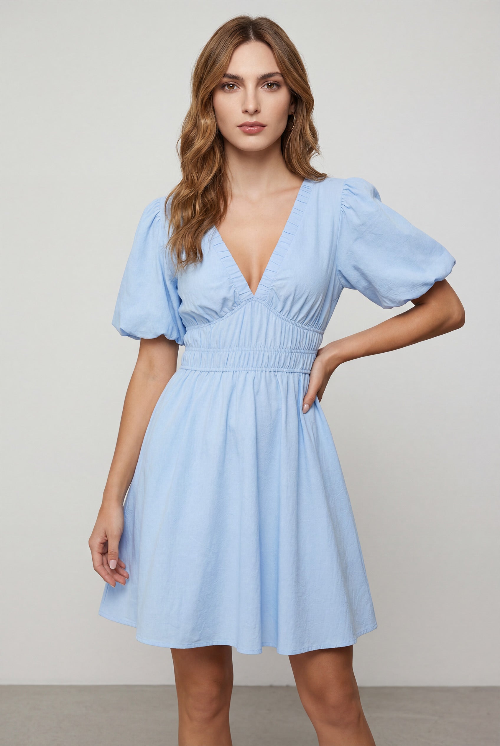 Chicovar Women's Boho Puff Sleeve Textured Cotton Mini Dress