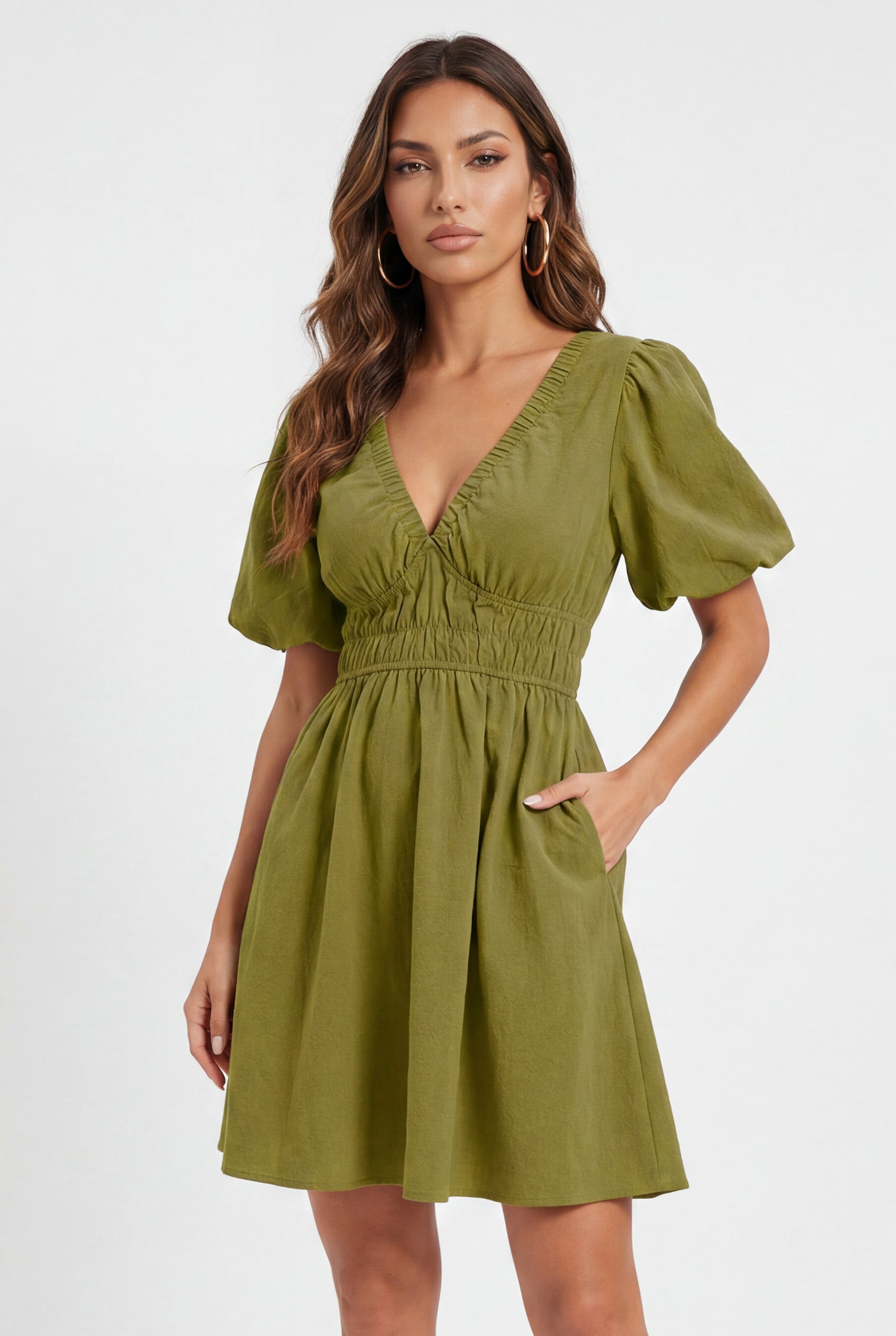 Chicovar Women's Boho Puff Sleeve Textured Cotton Mini Dress