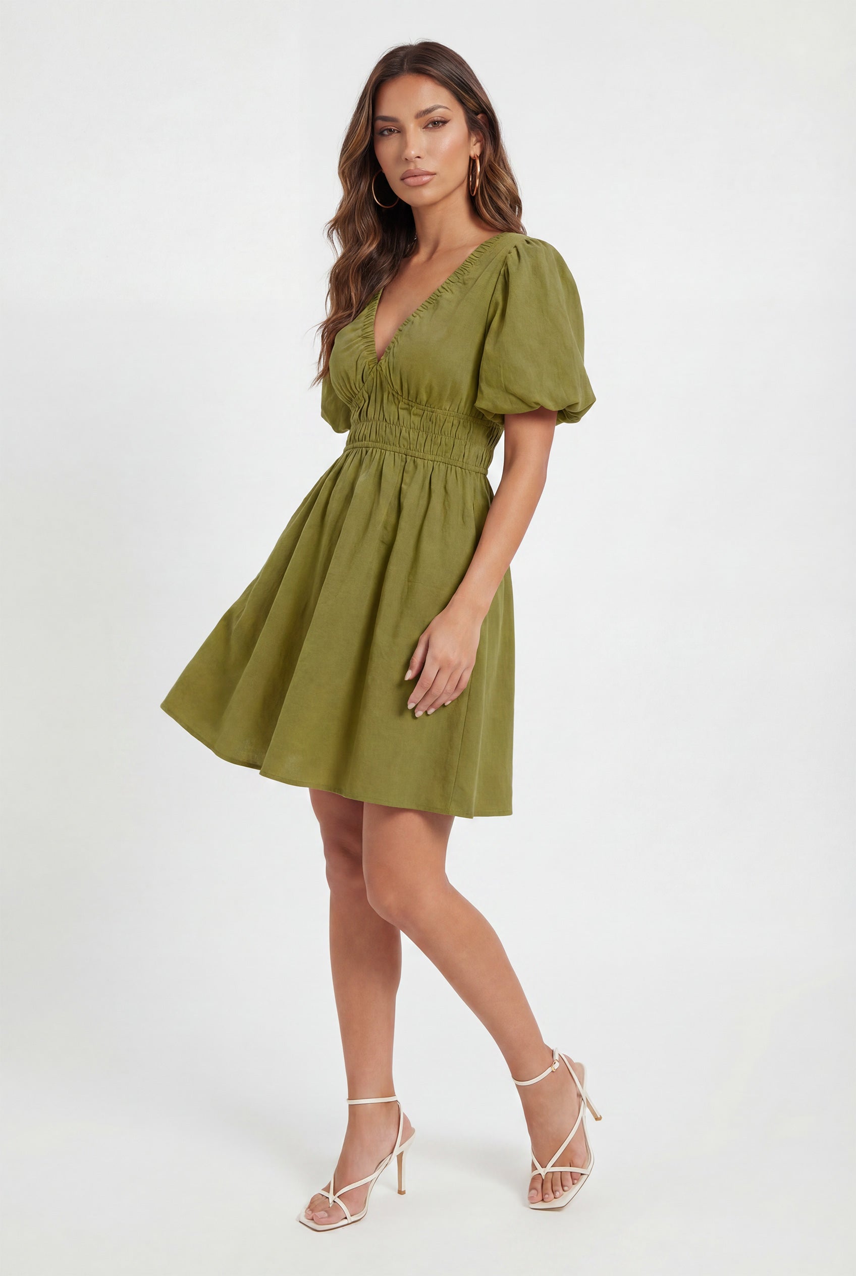 Chicovar Women's Boho Puff Sleeve Textured Cotton Mini Dress