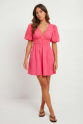 Chicovar Women's Boho Puff Sleeve Textured Cotton Mini Dress