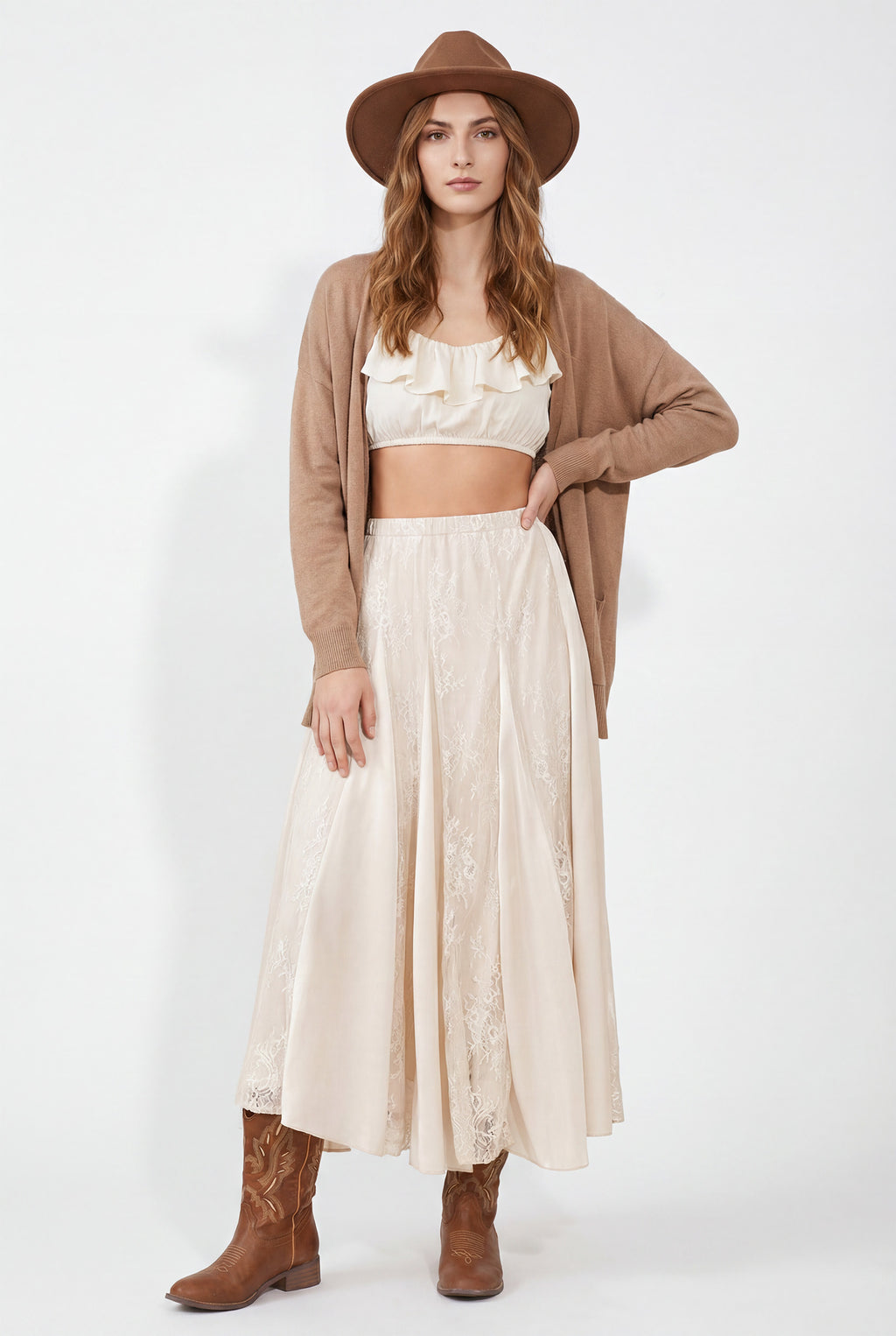 Chicovar Women's Satin Maxi Skirt High Waist Lace Patchwork Flowy