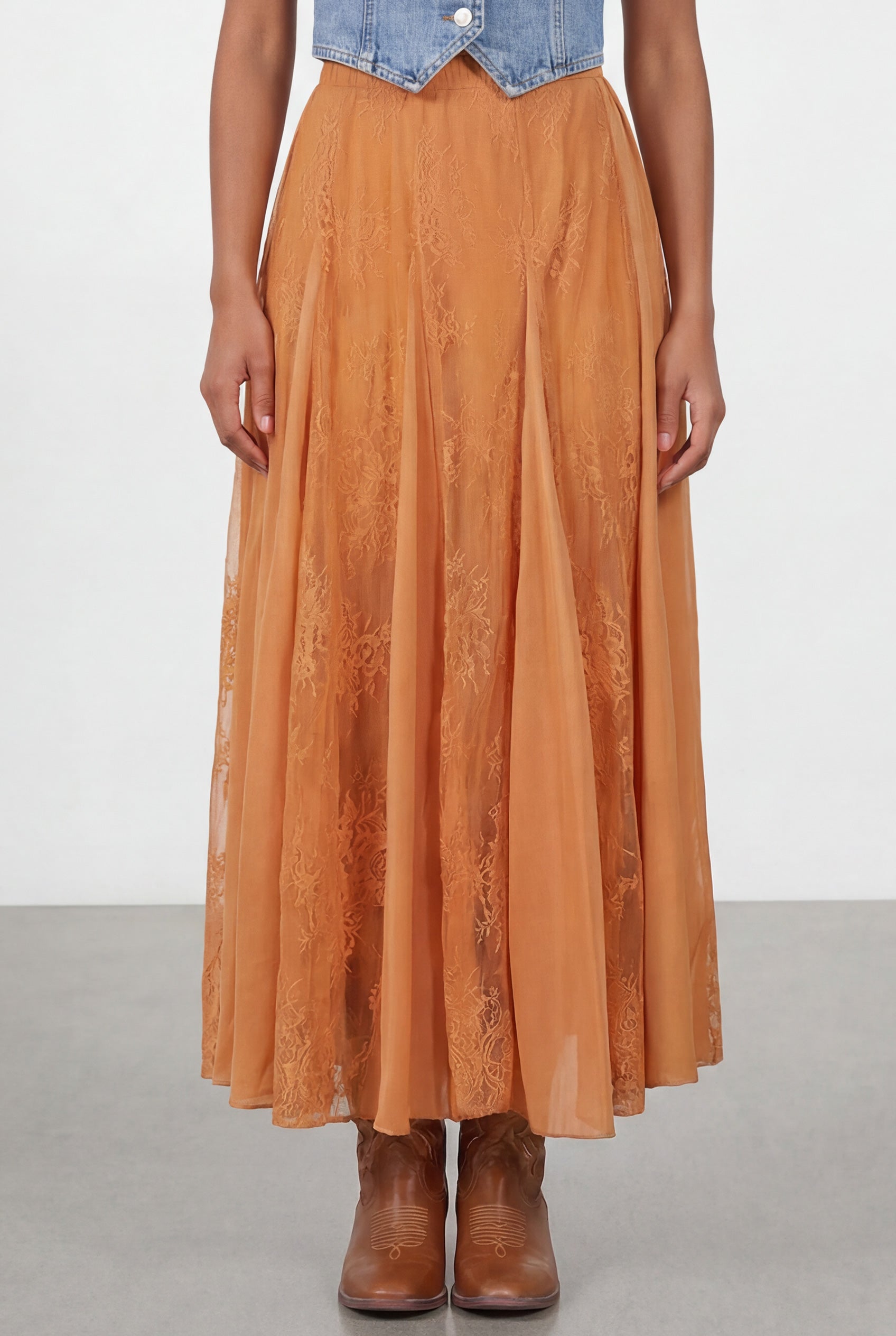 Chicovar Women's Satin Maxi Skirt High Waist Lace Patchwork Flowy
