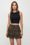 Chicovar Women's Layered Ruffle Leopard Lace Mini Skirt