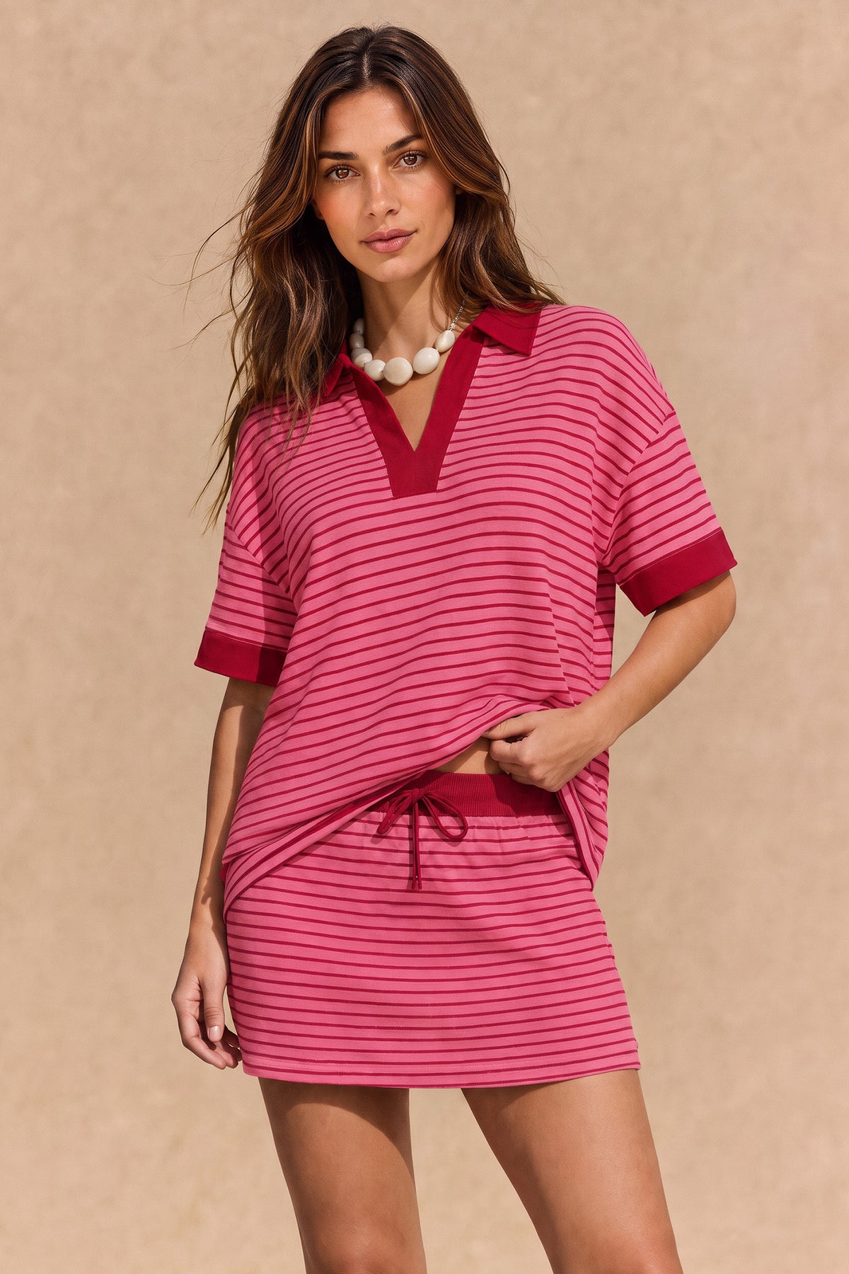 Women's Striped V-Neck Polo Skort Set