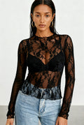 Chicovar Woman Sexy Floral Sheer Lace Shirt Top Long Sleeve