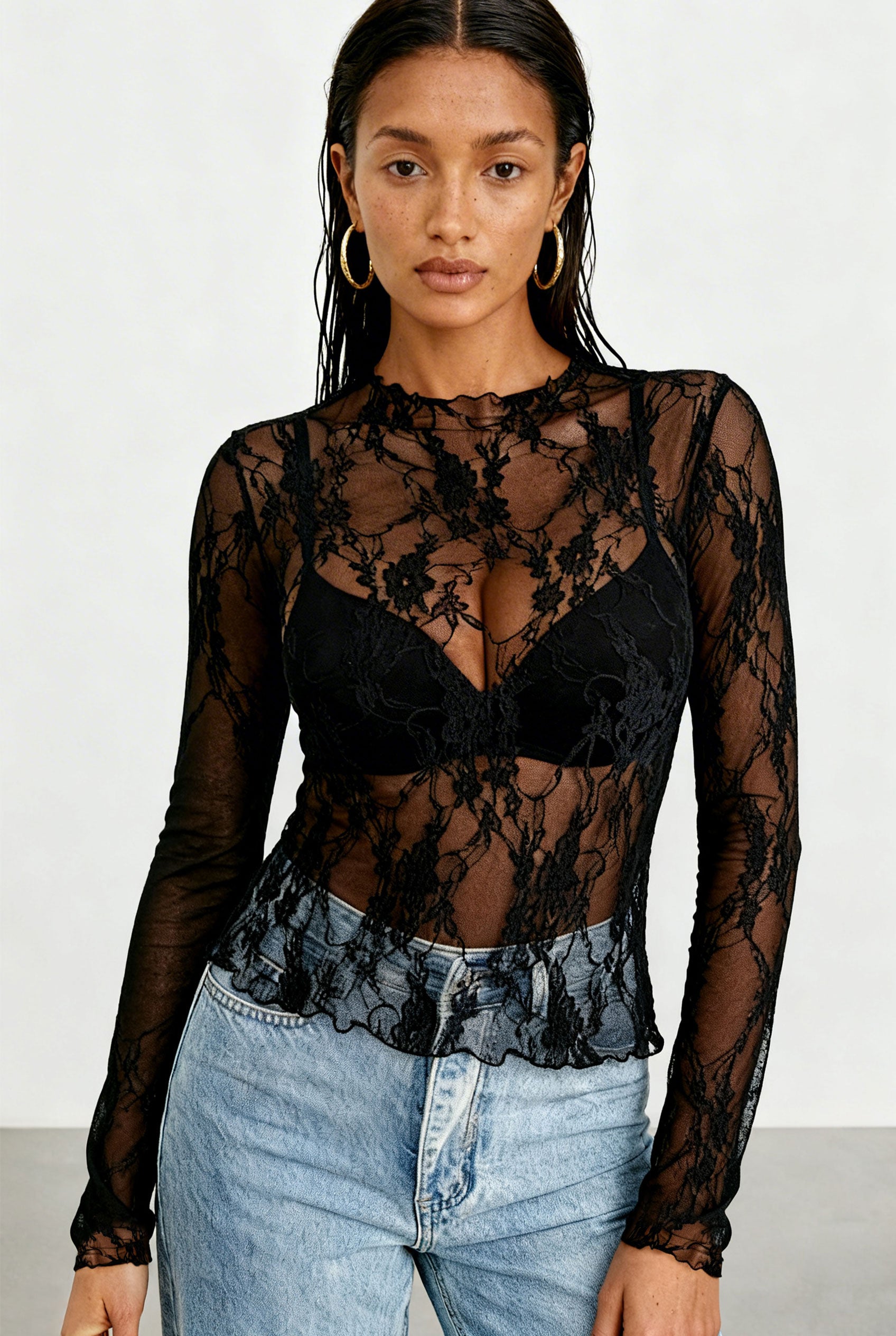 Chicovar Woman Sexy Floral Sheer Lace Shirt Top Long Sleeve