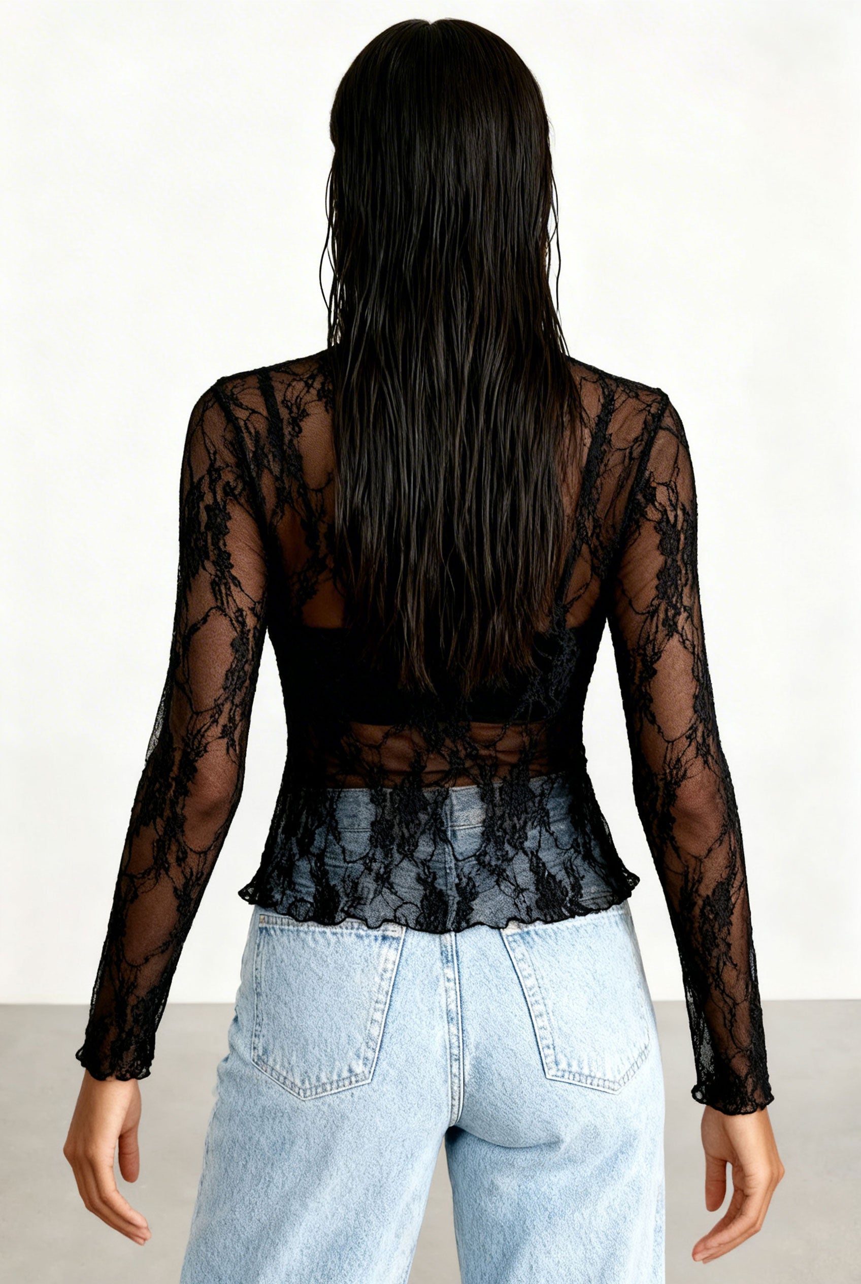 Chicovar Woman Sexy Floral Sheer Lace Shirt Top Long Sleeve