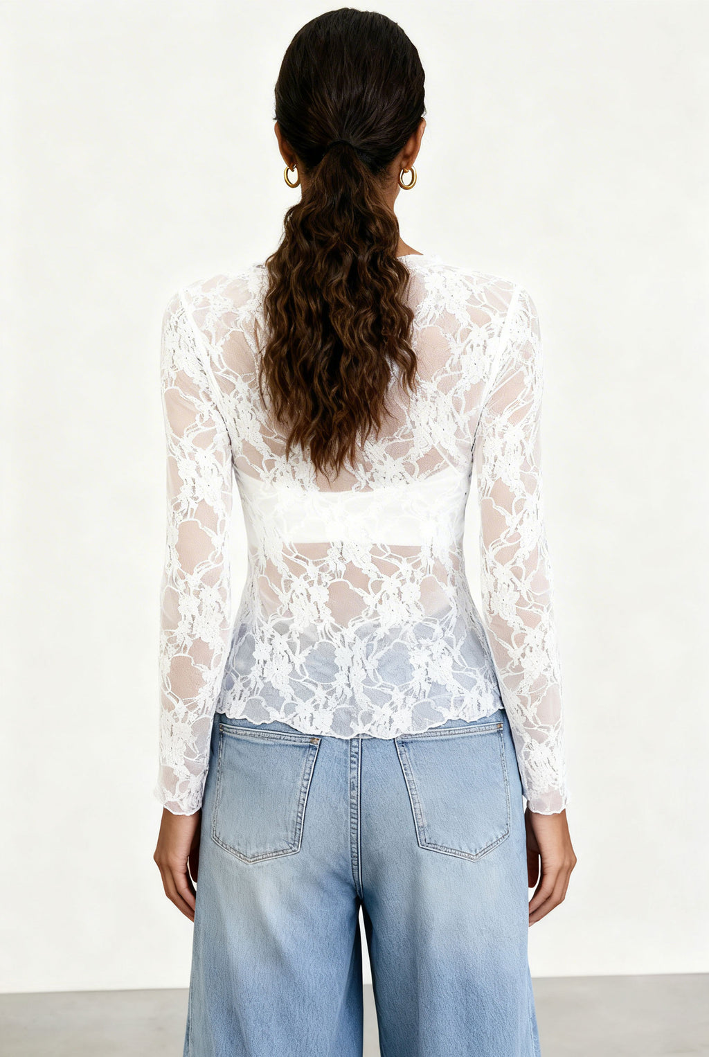 Chicovar Woman Sexy Floral Sheer Lace Shirt Top Long Sleeve