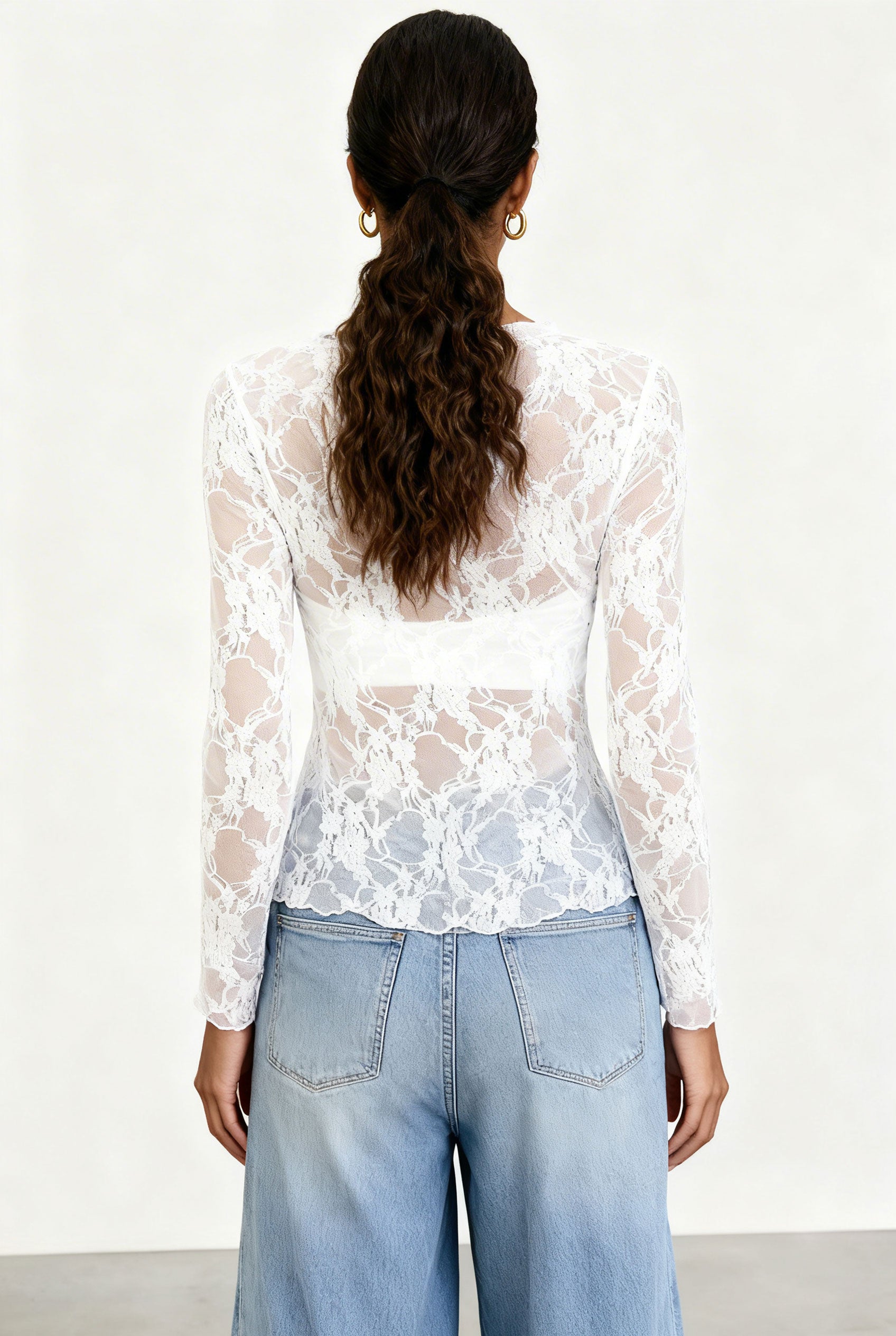 Chicovar Woman Sexy Floral Sheer Lace Shirt Top Long Sleeve