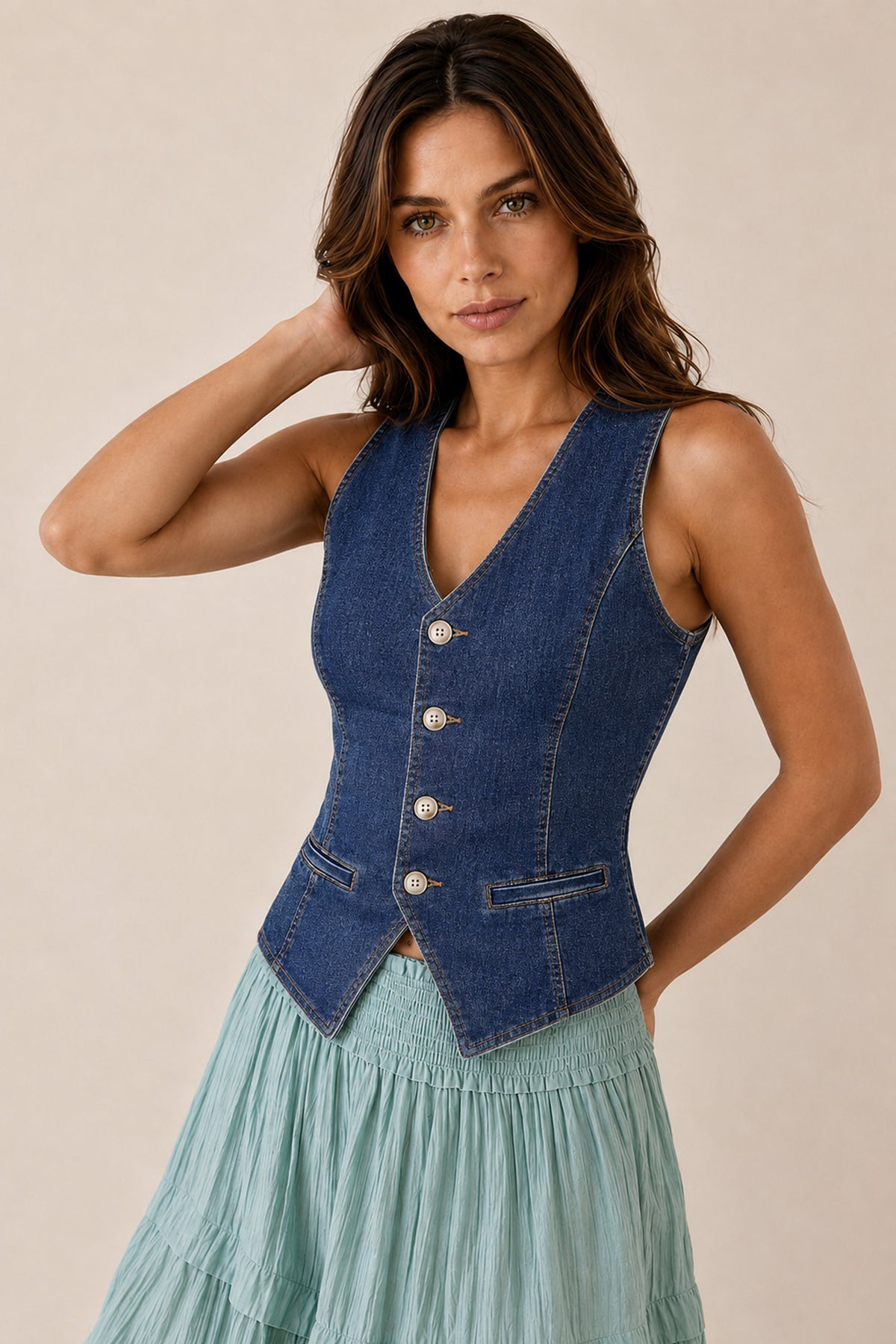 Stretchy Denim V-Neck Crop Vest